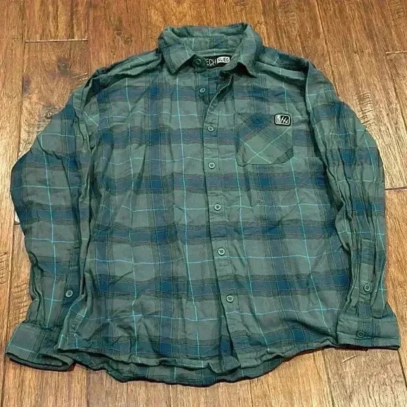 XL FINTECH Blue / Dark Green Checkered Button Down Shirt - Picture 3 of 8